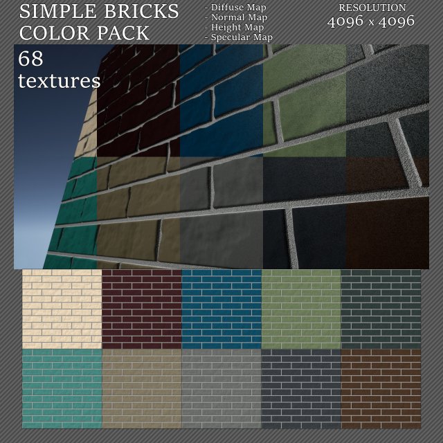 simple bricks color pack - 68 textures CG Текстуры .c4d .max .obj .3ds .fbx .stl .blend 