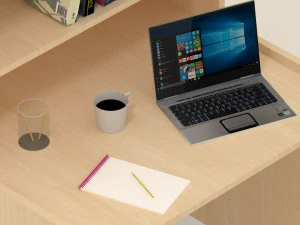 reading table with book laptop coffee mug writing pad in open position 3D Model