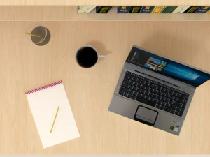 reading table with book laptop coffee mug writing pad in open position 3D Model