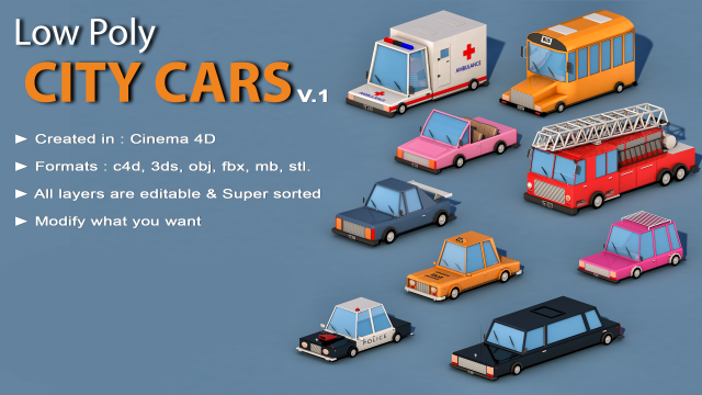 cartoon city cars v1 3Dモデル .c4d .max .obj .3ds .fbx .stl .blend 