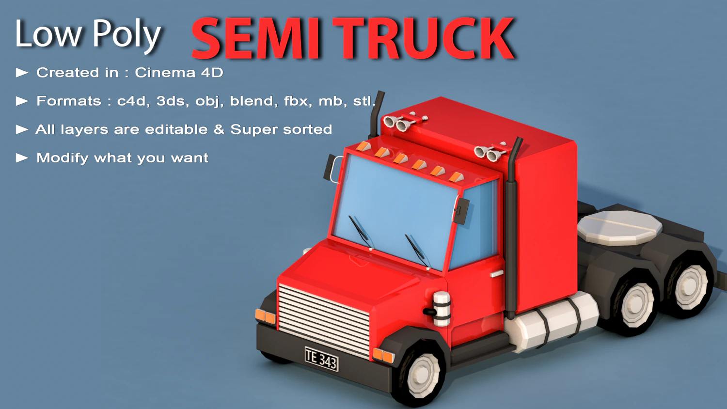 cartoon semi truck 3D Model .c4d .max .obj .3ds .fbx .stl .blend