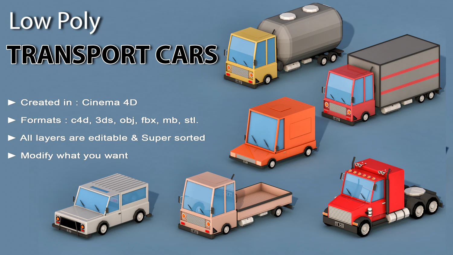cartoon transport cars 3D Model .c4d .max .obj .3ds .fbx .stl .blend 