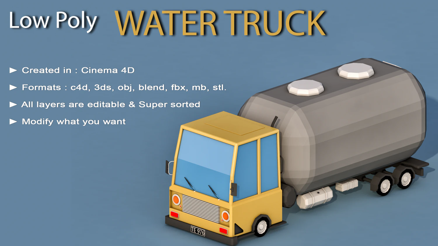cartoon water truck 3D Model .c4d .max .obj .3ds .fbx .stl .blend 