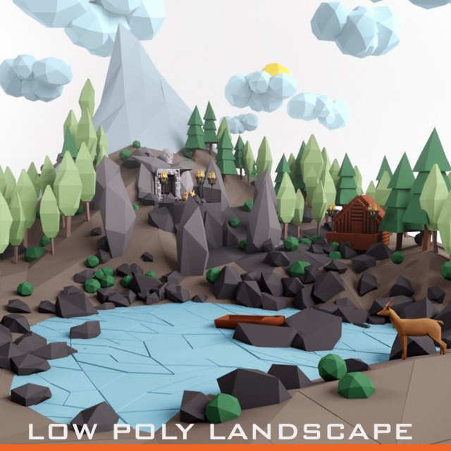 low poly lanscape mountain hill tree lake and other items low-poly 3D Модель .c4d .max .obj .3ds .fbx .stl .blend 