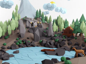 laag poly landschap berg heuvel boom meer en andere items low-poly 3D Model