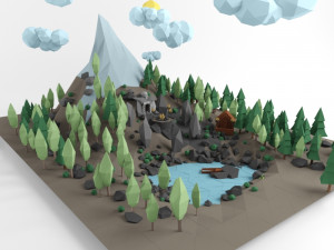 low poly lanscape mountain hill tree lake and other items low-poly 3D Модель