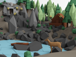 low poly lanscape mountain hill tree lake and other items low-poly 3D Модель