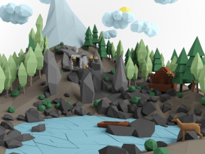 low poly lanscape mountain hill tree lake and other items low-poly 3D Модель