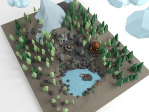 low poly lanscape mountain hill tree lake and other items low-poly 3D Модель