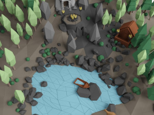 low poly lanscape mountain hill tree lake and other items low-poly 3D Модель