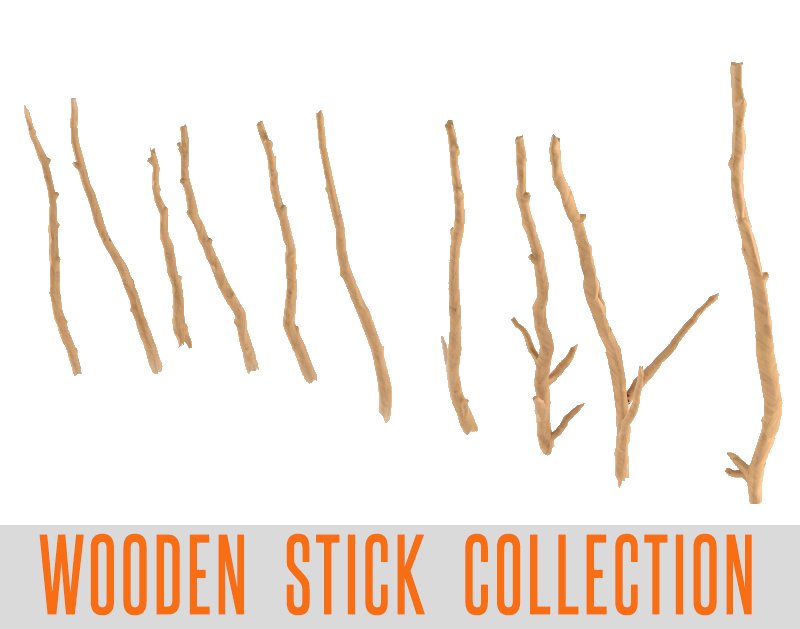 Wooden Stick Branch Bat Rod Collection Game Asset Ready Low