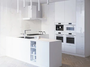 conjunto de cozinha branco com equipamentos e l&acirc;mpadas Modelo 3D