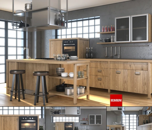 wood kitchen with equipment 3D Model .c4d .max .obj .3ds .fbx .stl .blend