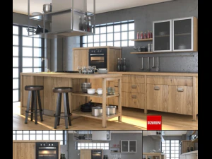 cozinha de madeira com equipamentos Modelo 3D