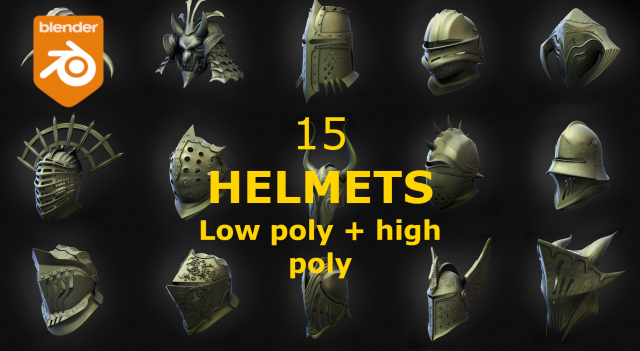 15 HELMETS Low poly and high poly Model 3D .c4d .max .obj .3ds .fbx .stl .blend 