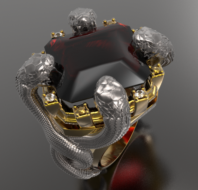 hyper ring with 4 snakes and garnet and diamonds 3D 프린트 모델 .c4d .max .obj .3ds .fbx .stl .blend 
