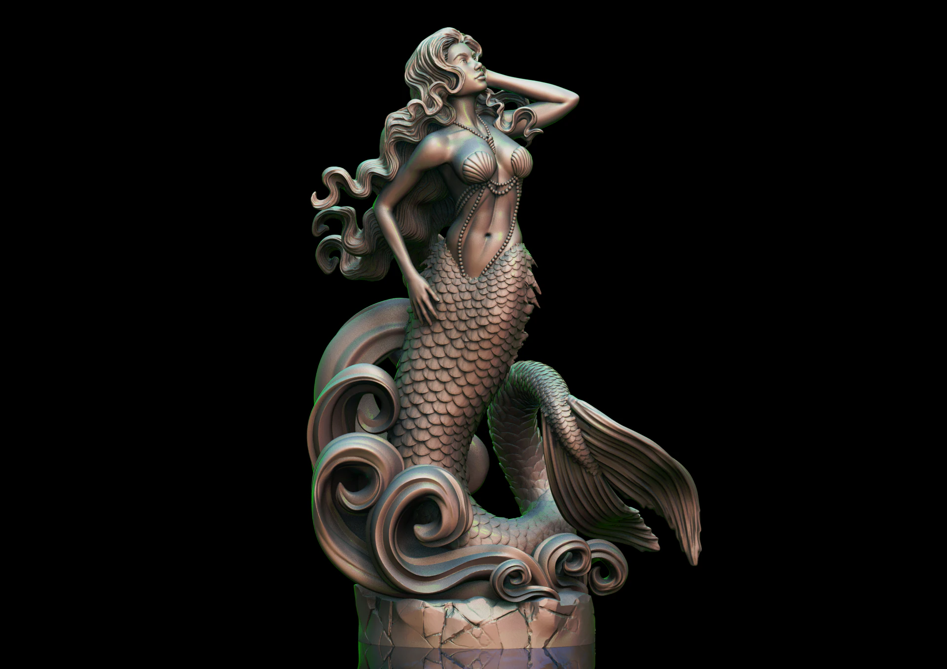 Mermaid on the waves 3D Print Model .c4d .max .obj .3ds .fbx .stl .blend 
