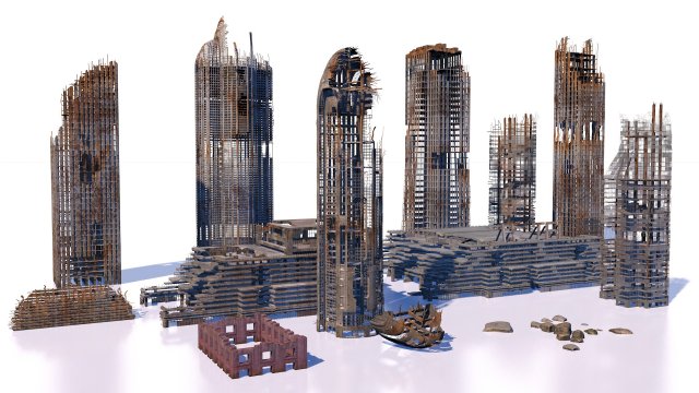 buildings and skyscrapers in ruins Model 3D .c4d .max .obj .3ds .fbx .stl .blend 