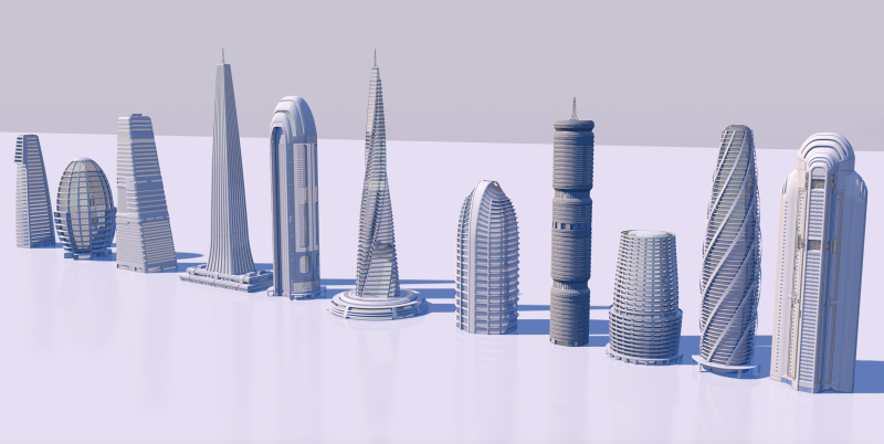 Futuristic skyscrapers downtown 3D Модель .c4d .max .obj .3ds .fbx .stl .blend 