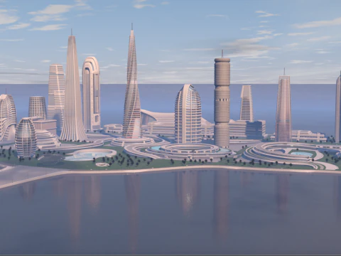 Centre urbain Ville sur une &icirc;le Modèle 3D