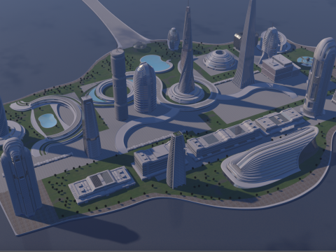 Urban Center City on an Island 3D Model