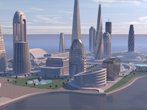 Urban Center City on an Island 3D Model