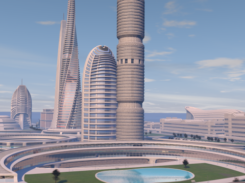 Urban Center City on an Island 3D Model