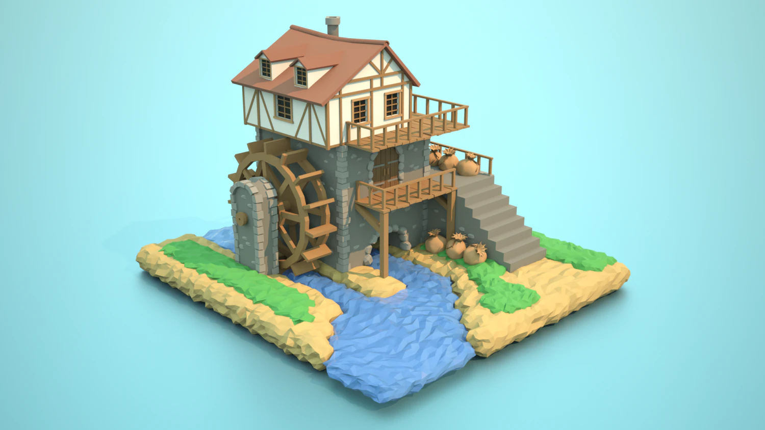 water mill 3D Model .c4d .max .obj .3ds .fbx .stl .blend 