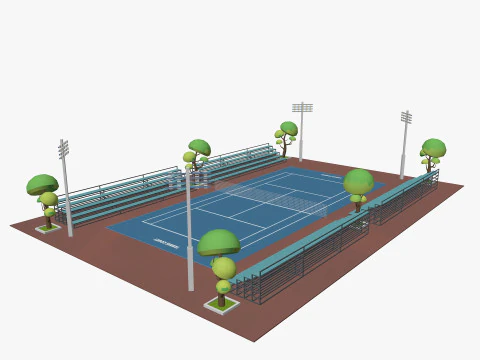 Campo da tennis dei cartoni animati a basso numero di poligoni Modello 3D