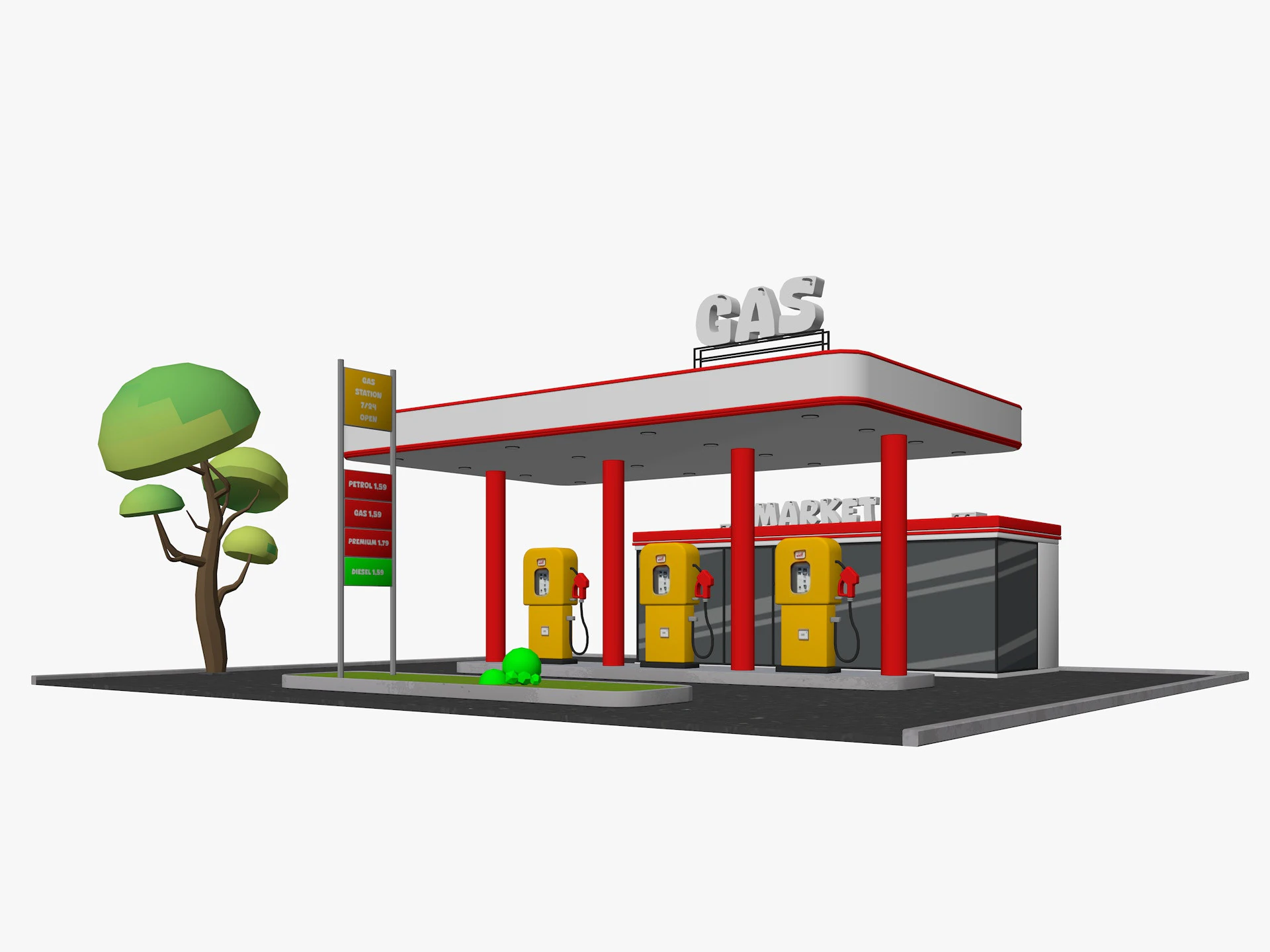 Cartoon Gas Station Low-poly 3D Model .c4d .max .obj .3ds .fbx .stl .blend 