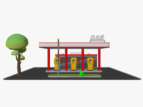 Cartoon Gas Station Low-poly 3D Model