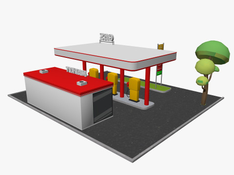 Cartoon Gas Station Low-poly 3D Model