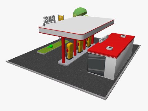 Cartoon Gas Station Low-poly 3D Model