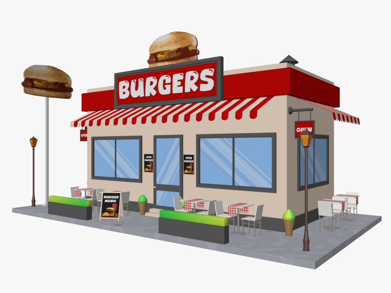 Cartoon Burgers Restaurant Low-poly 3D Model .c4d .max .obj .3ds .fbx .stl .blend 
