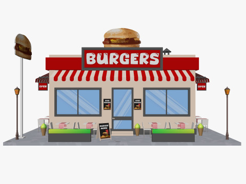 Cartoon Burgers Restaurant Low-poly 3D Model