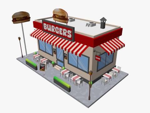 Cartoon Burgers Restaurant Low-poly 3D Model