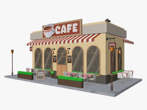 Cartoon Cafe House Low-poly 3D Model