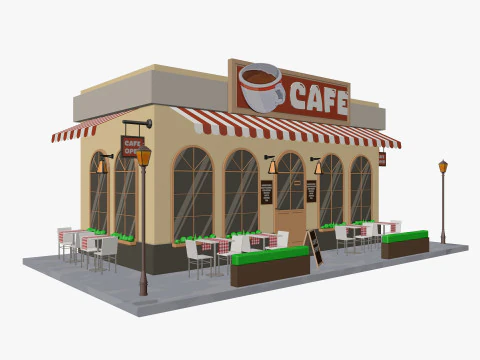 Cartoon Cafe House Low-poly 3D Model