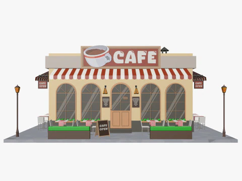 Cartoon Cafe House Low-poly 3D Model