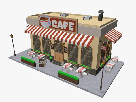 Cartoon Cafe House Low-poly 3D Model