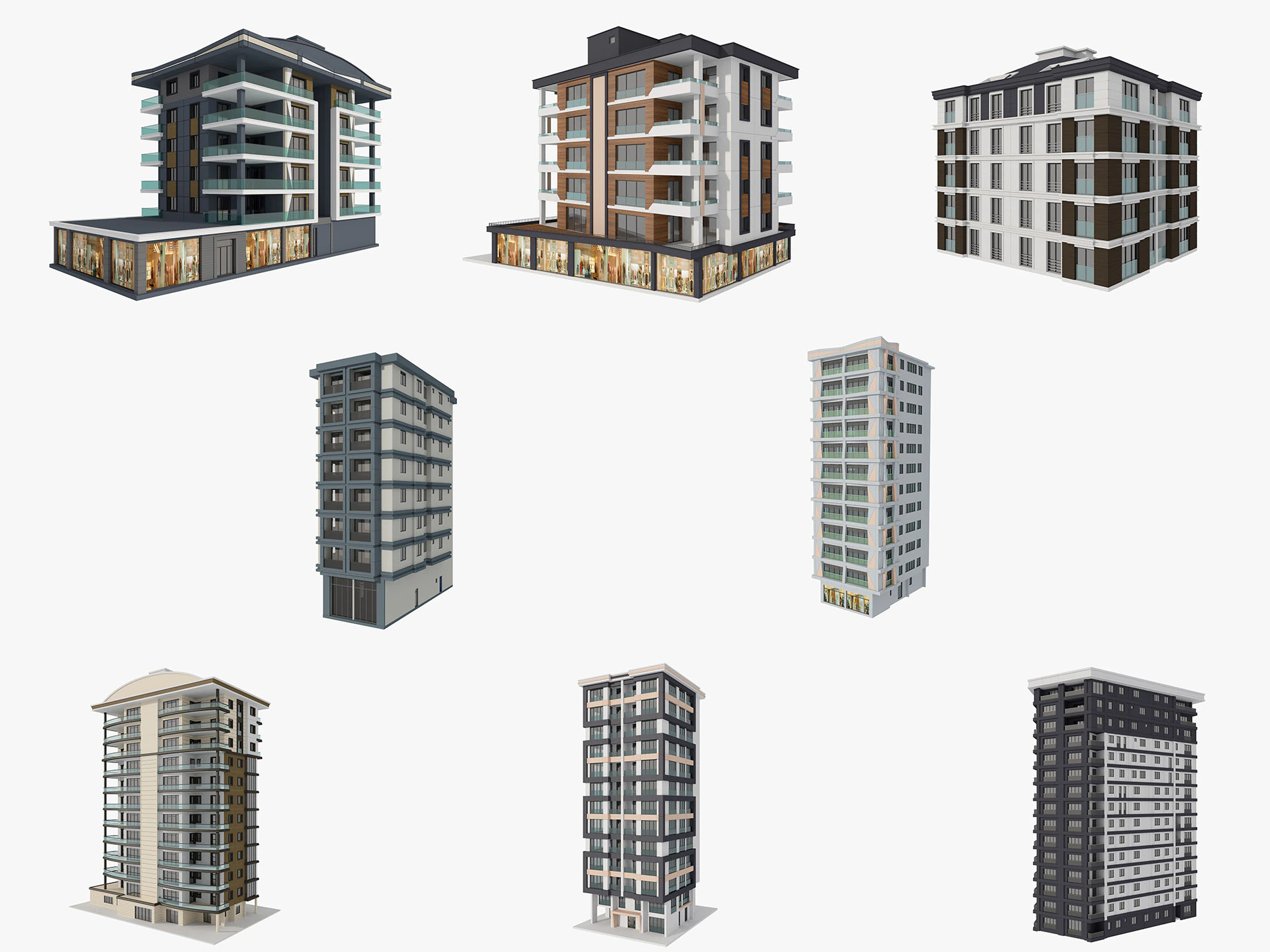 Residential Apartment Building 8 Pack 3D Model .c4d .max .obj .3ds .fbx .stl .blend 