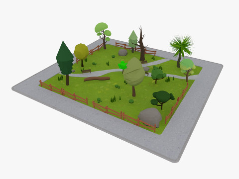 Cartoon Park with Tree Low-poly 3D Model