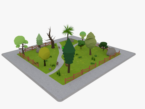 Cartoon Park with Tree Low-poly 3D Model
