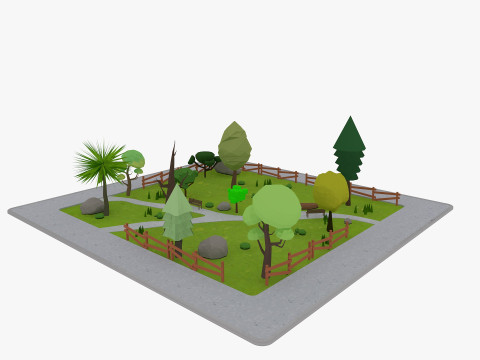 Cartoon Park with Tree Low-poly 3D Model