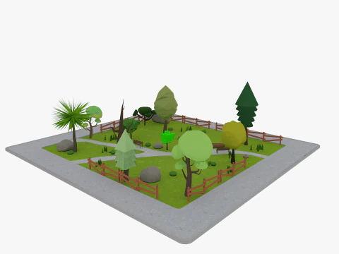 Cartoon Park with Tree Low-poly 3D Model