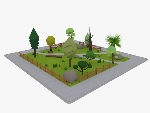 Cartoon Park with Tree Low-poly 3D Model