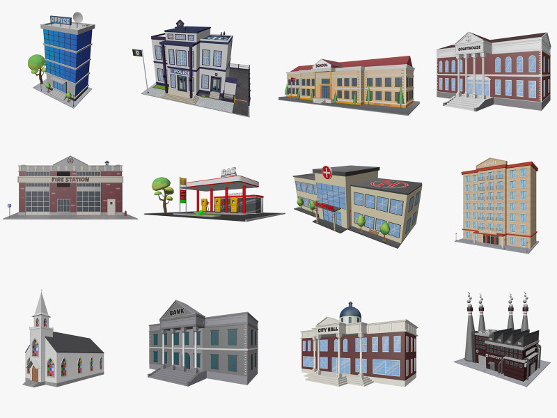Cartoon City Buildings Pack Low-poly 3D Model .c4d .max .obj .3ds .fbx .stl .blend 