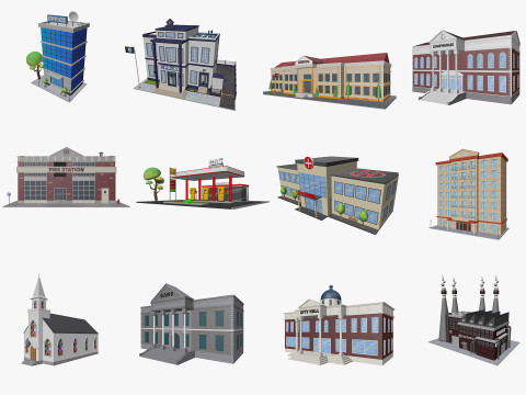 Cartoon City Buildings Pack Low-poly Modèle 3D