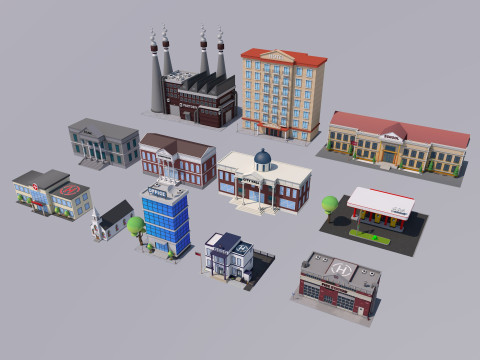 Cartoon City Buildings Pack Low-poly 3D Model
