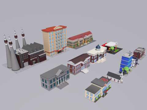 Cartoon City Buildings Pack Low-poly 3D Model